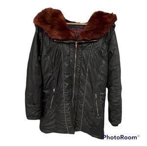 Le Grenier long black puffer jacket with faux fur trim